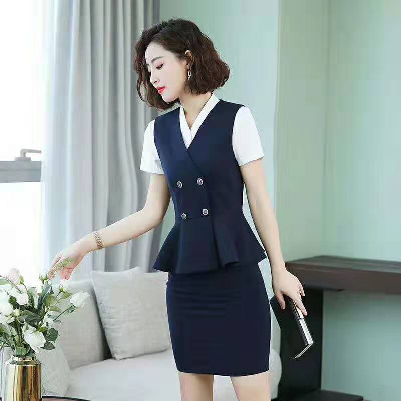 職業裝 夏裝 女款 短袖襯衫-馬甲-半身裙 深藍.jpg
